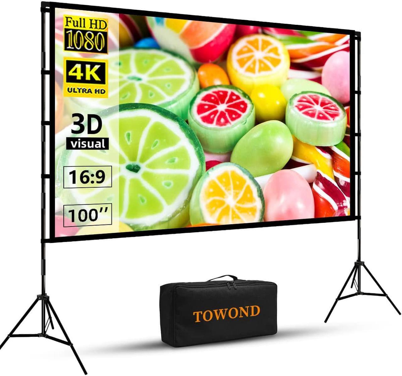Main image of Projector Screen with Stand,Towond 100 inch Portable Projection Screen, Indoor Outdoor Screen 16:9 4K HD Rear Front Movie Screen with Carry Bag Wrinkle-Free Design for Home Theater Backyard Cinema