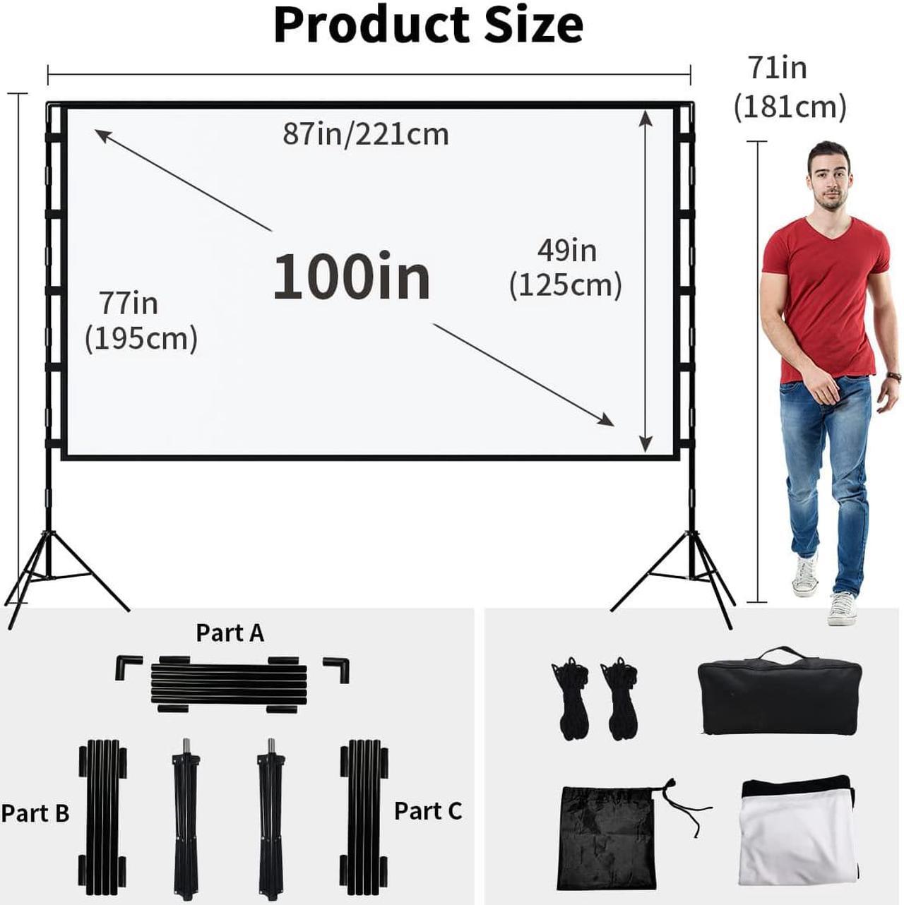 Alt view image 3 of 6 - Projector Screen with Stand,Towond 100 inch Portable Projection Screen, Indoor Outdoor Screen 16:9 4K HD Rear Front Movie Screen with Carry Bag Wrinkle-Free Design for Home Theater Backyard Cinema