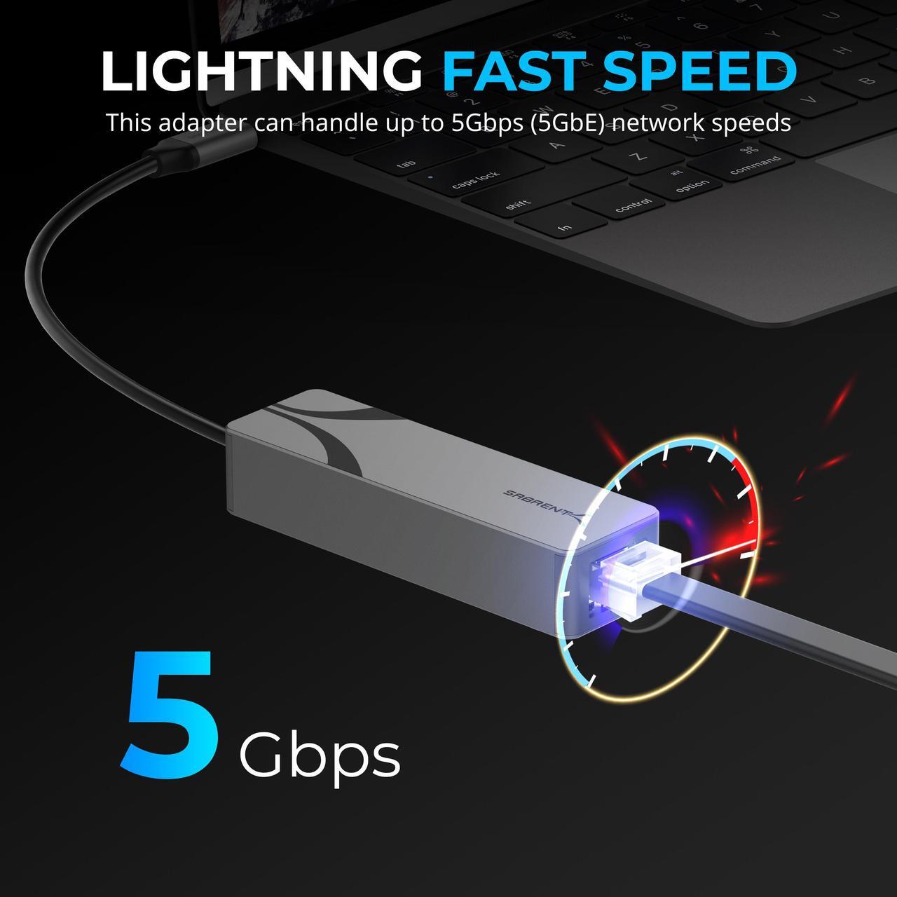 Alt view image 2 of 7 - SABRENT USB Type-C to 5G Ethernet LAN Adapter  Aluminum Body, 5Gbps Multi-Gig LAN Speeds, Backward Compatible with 1GbE/2.5GbE, Bus-Powered, Durable, Plug-and-Play for USB-C Devices (NT-C5GA)