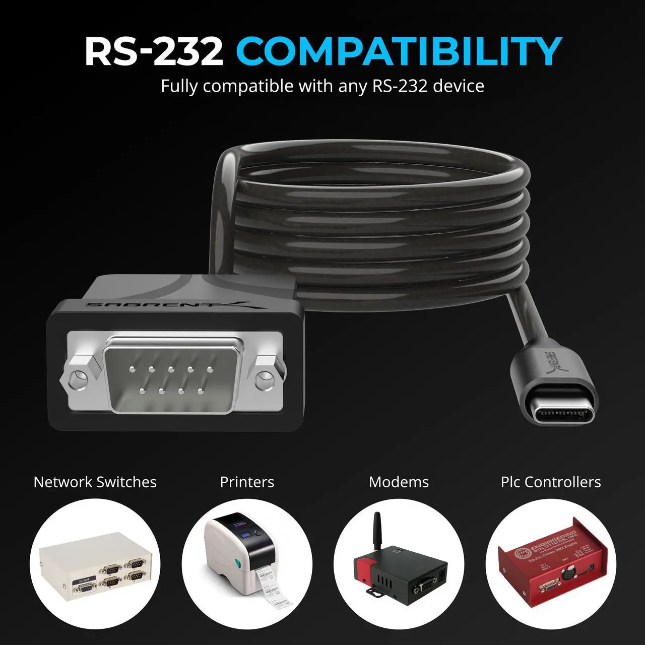 Alt view image 6 of 7 - SABRENT USB-C to DB9 Serial RS-232 Adapter Cable 6FT, Prolific PL2303GS Chipset, USB 2.0, 1bps-12Mbps Baud Rate, for POS Terminals, Modems, GPS, Industrial Devices (CB-D9C6)