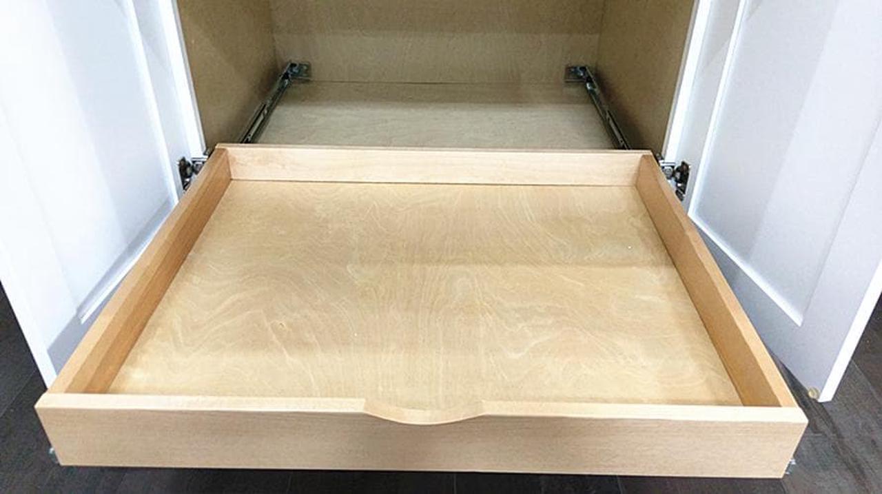 Alt view image 5 of 5 - 29'' Width Cabinet Roll Out Tray Wood Pull Out Tray Drawer Box Kitchen Cabinet Organizer, Cabinet Slide Out Shelves, Include Side Mount Drawer Tracks Glides Wood Spacers -DIY (Fit RTA Face Frame B33)