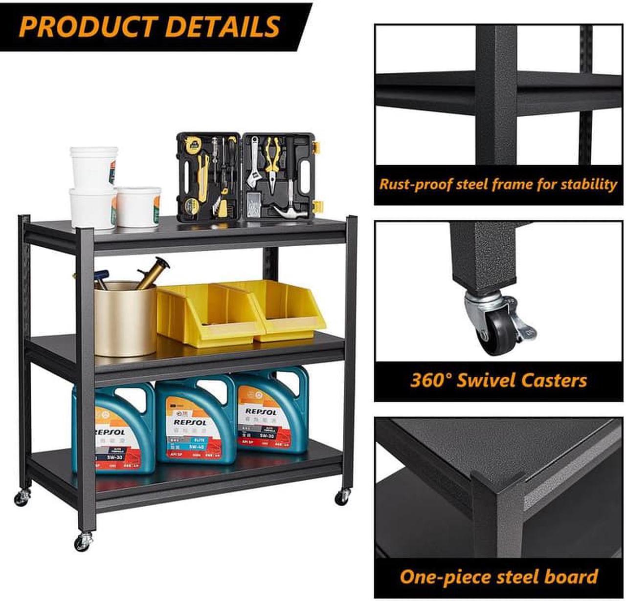 Alt view image 7 of 7 - Garage Shelving, Rolling Shelf with Wheels for Storage, 3-Tier Metal Shelving Unit with Wheels for Garage Kitchen Office, Utility Carts with Wheels, Bakers Rack Shelf, Storage Shelves on Wheels