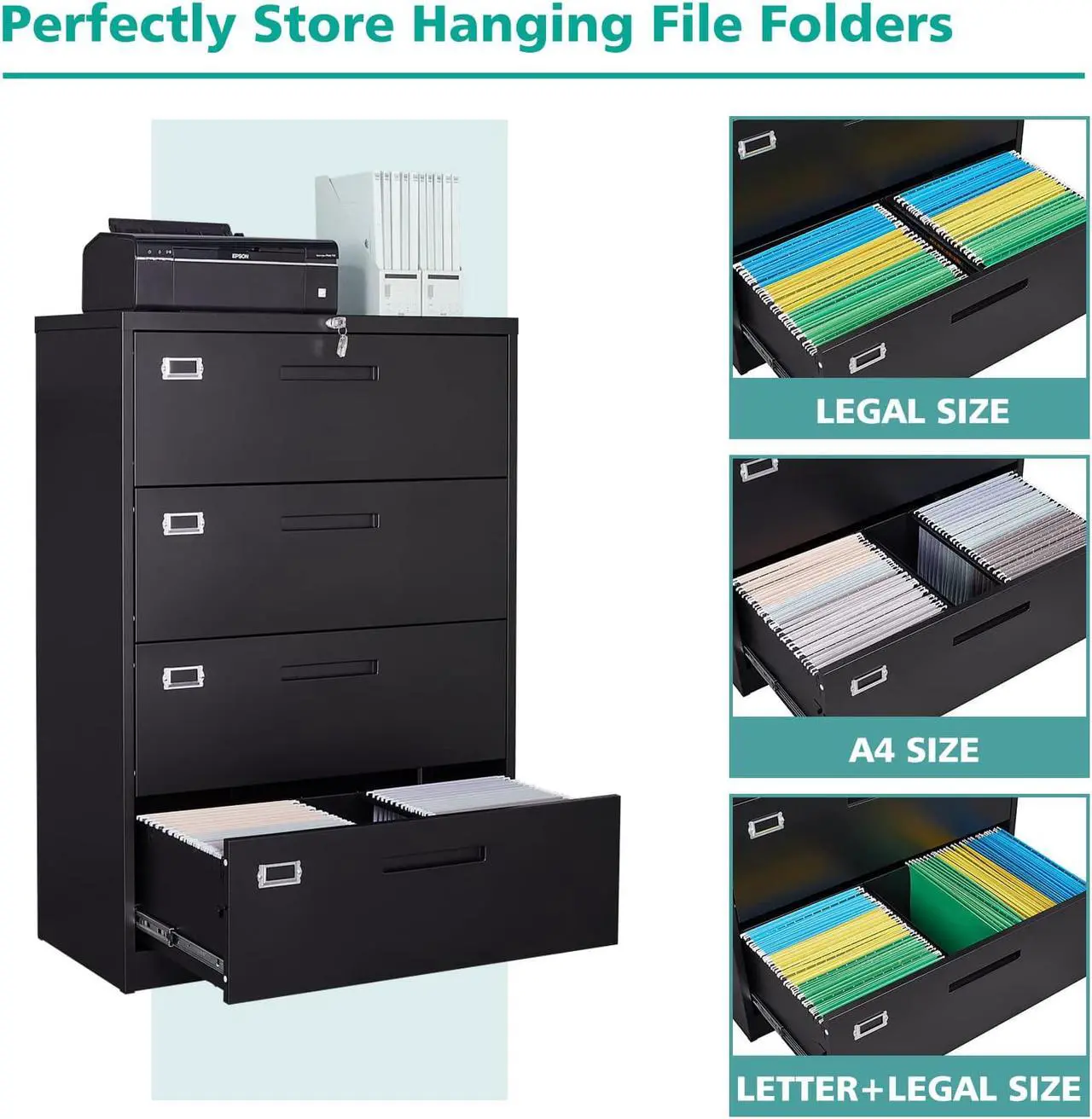 Alt view image 5 of 7 - AFAIF Lateral File Cabinet 4 Drawer, Office Filing Cabinet with Lock, Large Deep Drawers Locked by Keys, Metal Storage File Cabinet for Hanging Files Letter/Legal/F4/A4 Size