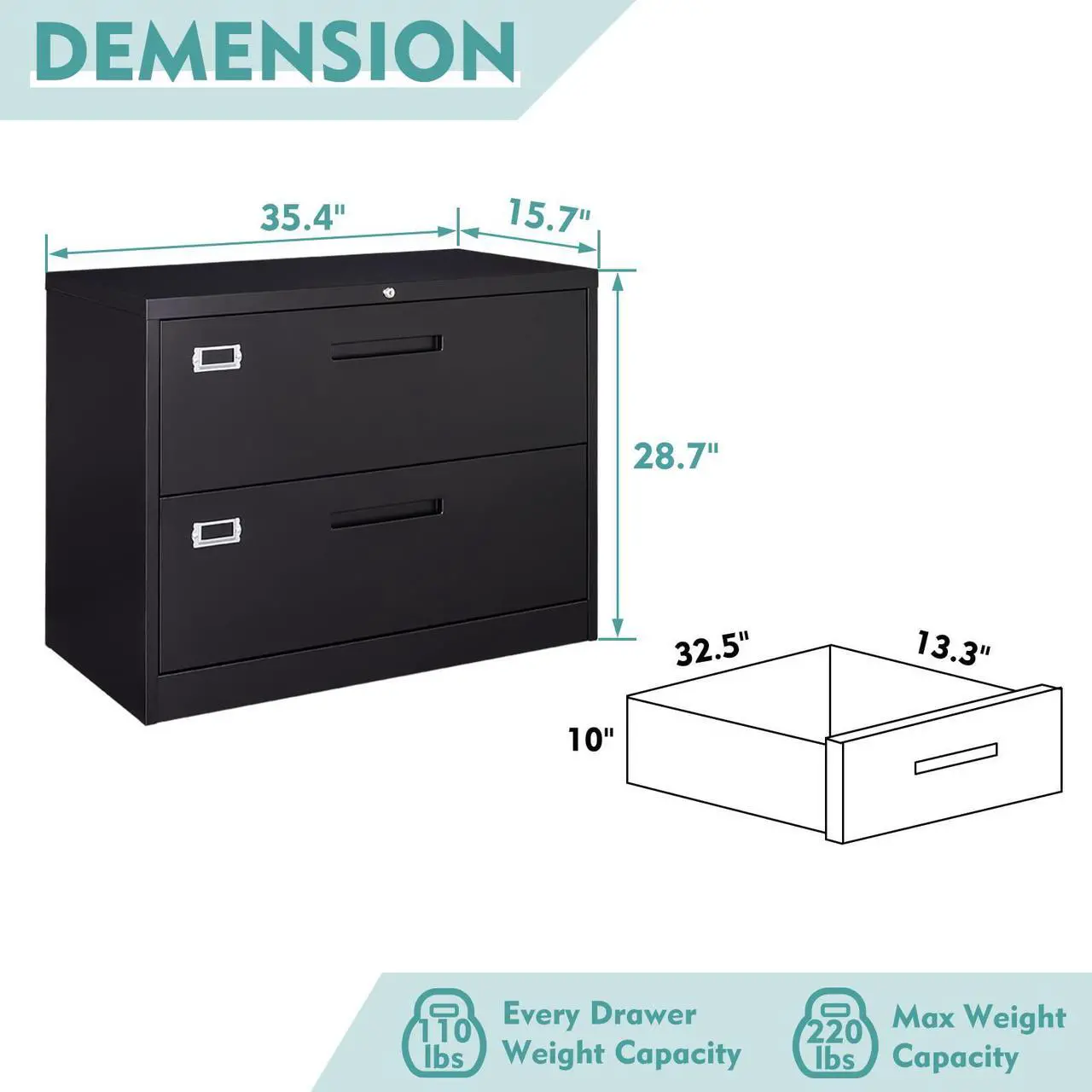 Alt view image 3 of 6 - 2 Drawer Lateral File Cabinet with Lock, Filing Cabinet for Home Office, Easy Assemble, Metal Storage File Cabinet for Hanging Files Letter/Legal/F4/A4 Size