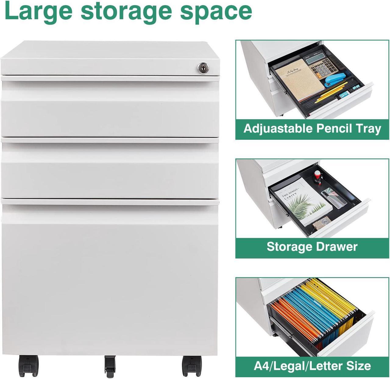 Alt view image 5 of 7 - AFAIF 3 Drawer File Cabinet with Lock on Wheels, Mobile Steel Pedestal File Cabinet Under Desk (No assembly) White