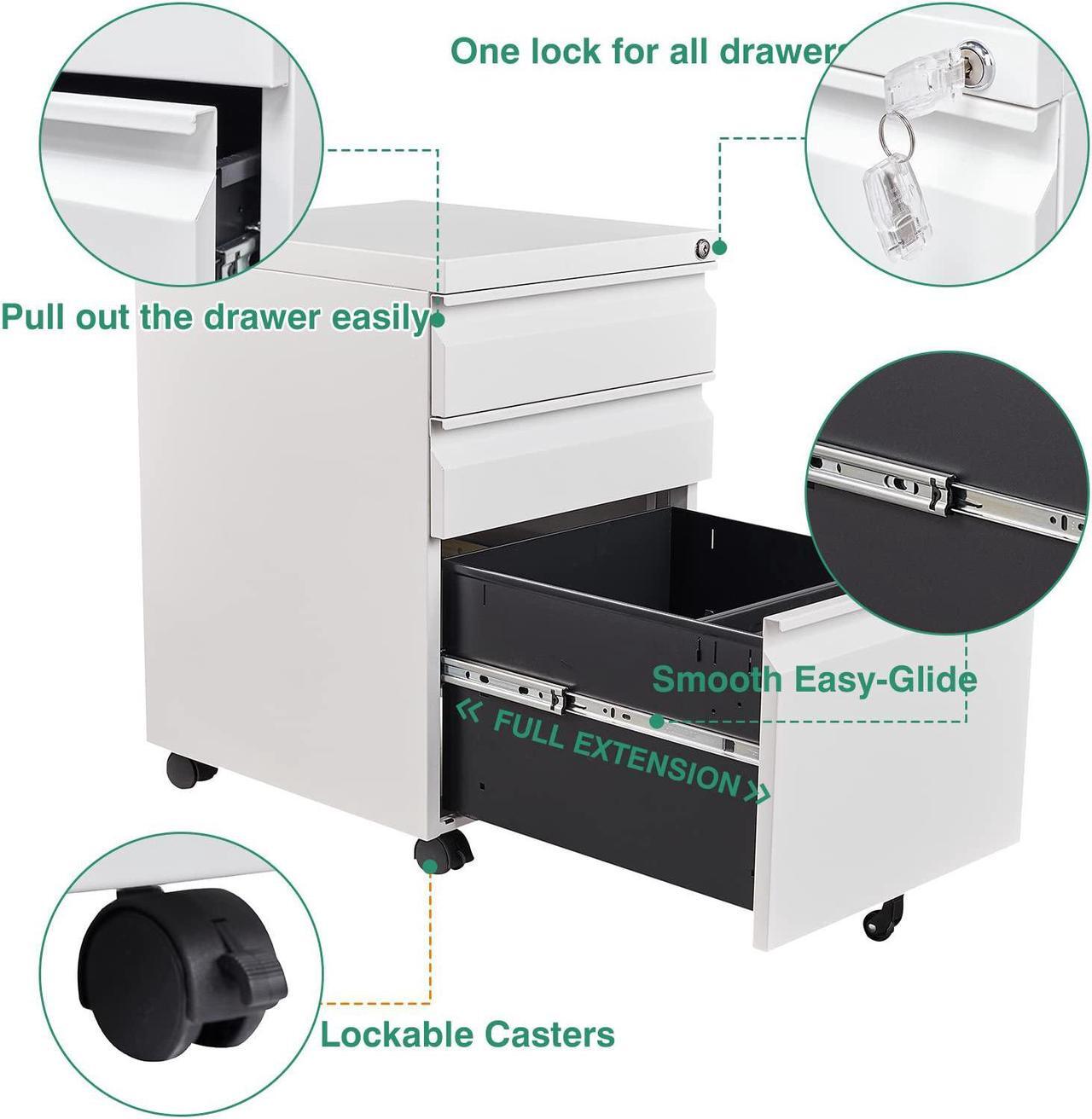 Alt view image 6 of 7 - AFAIF 3 Drawer File Cabinet with Lock on Wheels, Mobile Steel Pedestal File Cabinet Under Desk (No assembly) White
