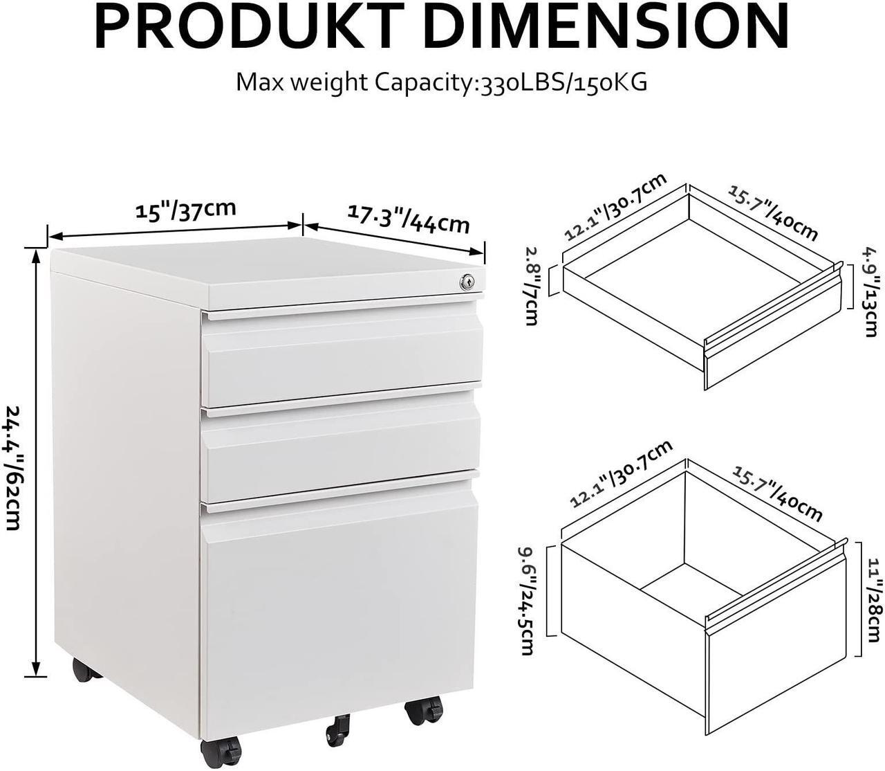 Alt view image 3 of 7 - AFAIF 3 Drawer File Cabinet with Lock on Wheels, Mobile Steel Pedestal File Cabinet Under Desk (No assembly) White
