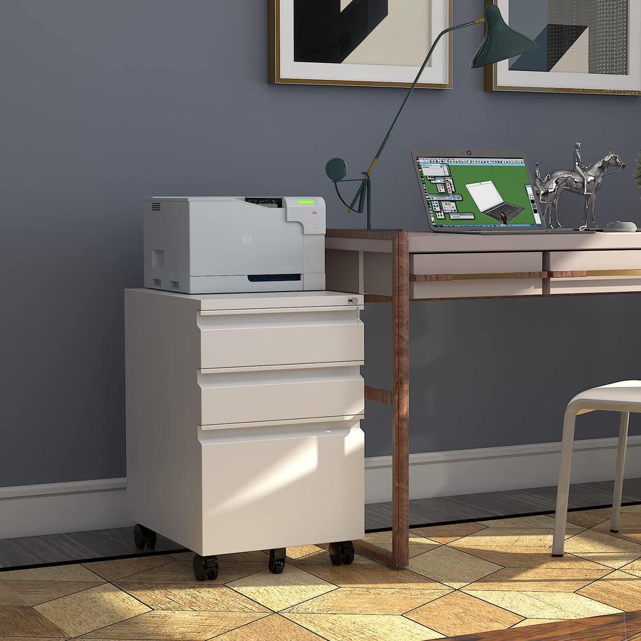 Alt view image 4 of 7 - AFAIF 3 Drawer File Cabinet with Lock on Wheels, Mobile Steel Pedestal File Cabinet Under Desk (No assembly) White