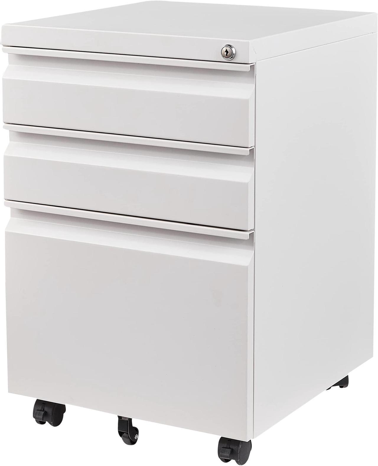Main image of AFAIF 3 Drawer File Cabinet with Lock on Wheels, Mobile Steel Pedestal File Cabinet Under Desk (No assembly) White