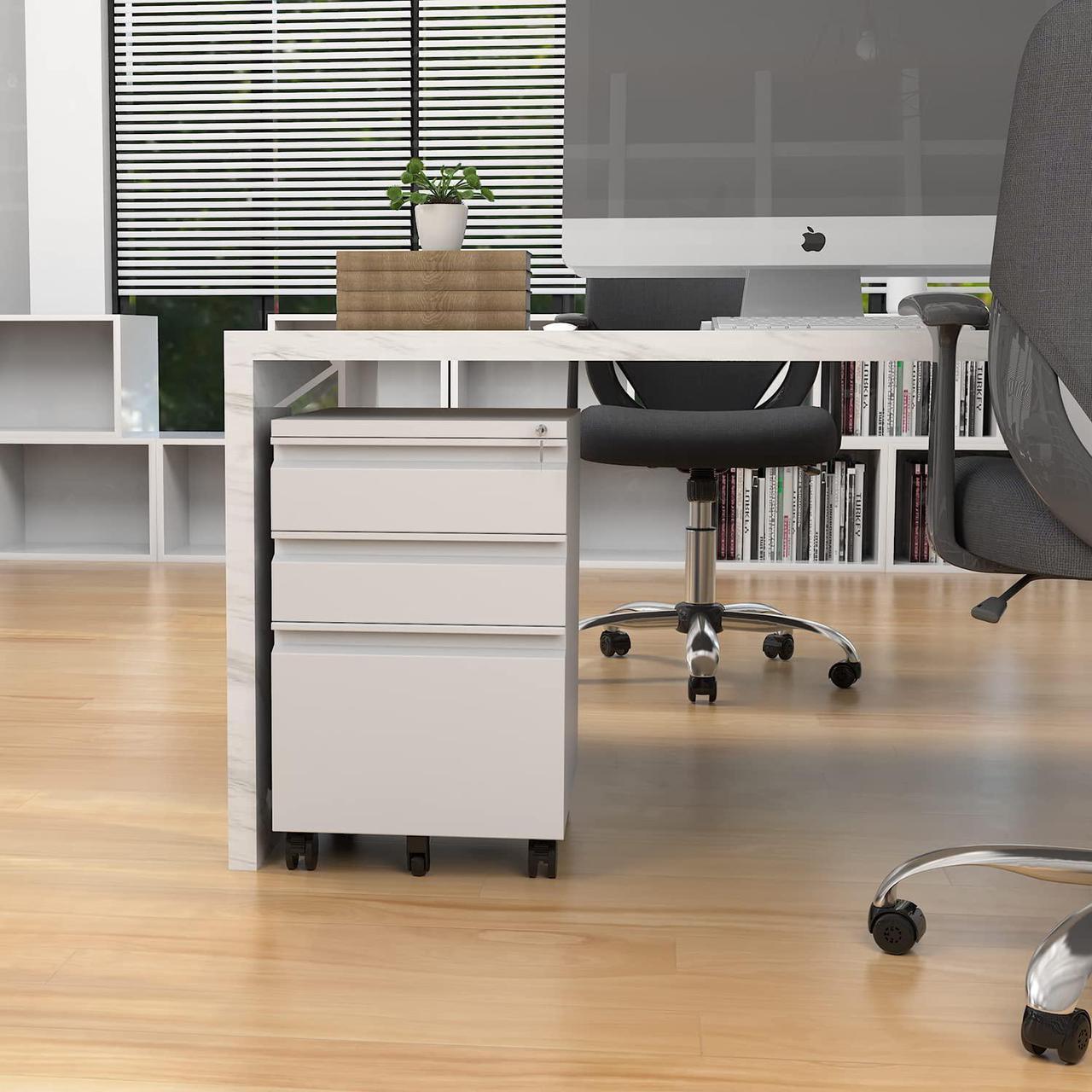 Alt view image 2 of 7 - AFAIF 3 Drawer File Cabinet with Lock on Wheels, Mobile Steel Pedestal File Cabinet Under Desk (No assembly) White