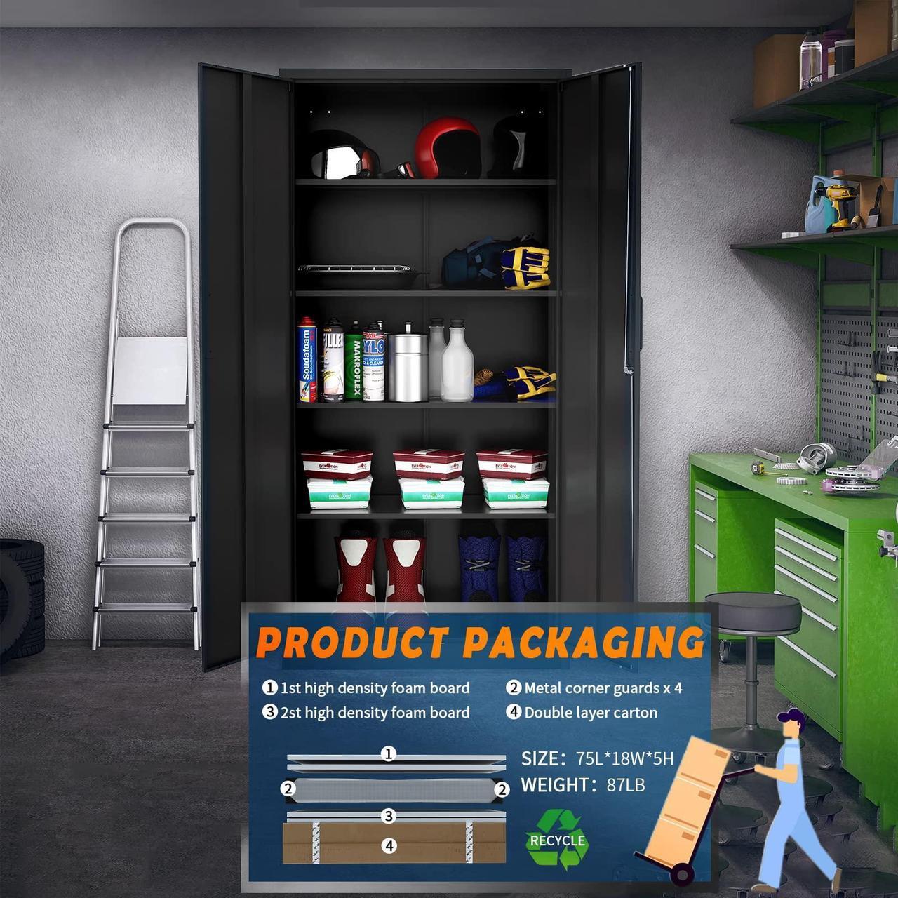 Alt view image 3 of 7 - Metal Garage Storage Cabinet with 2 Doors and 4 Adjustable Shelves - 72" Steel Lockable File/Locking Tool Cabinets for Office, Home, Gym, School
