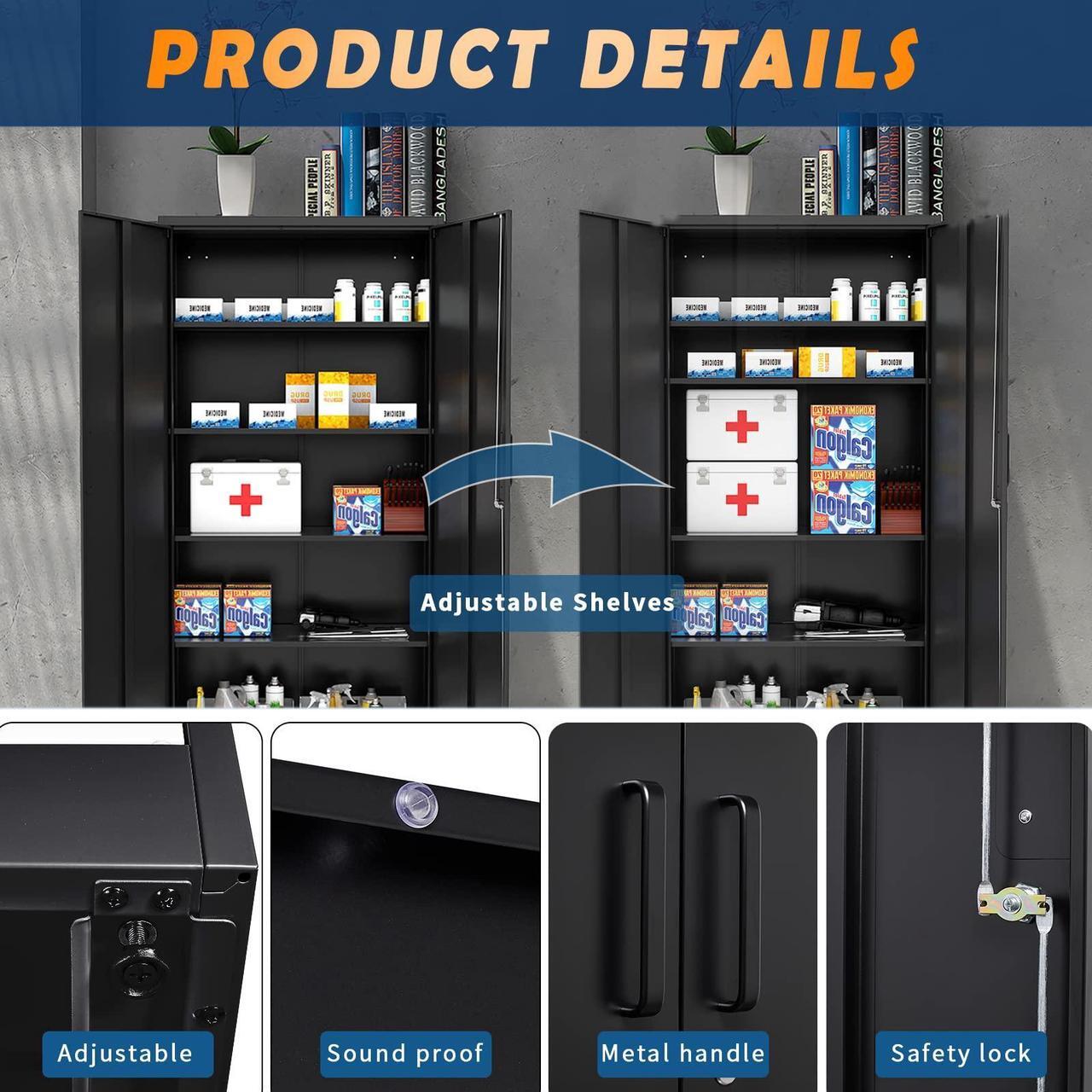 Alt view image 5 of 7 - Metal Garage Storage Cabinet with 2 Doors and 4 Adjustable Shelves - 72" Steel Lockable File/Locking Tool Cabinets for Office, Home, Gym, School