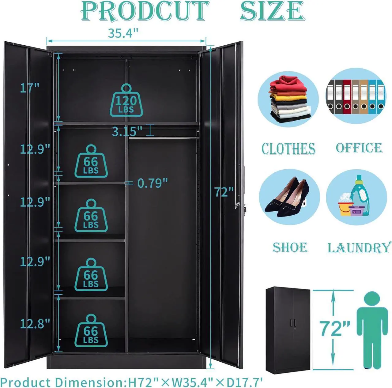 Alt view image 5 of 6 - Metal Armoire Wardrobe Closet Cabinet for Hanging Clothes with Lock Doors - 72" Steel Lockable Wardrobe Storage Locker Clothes Organizer for Bedroom, Laundry Room Black