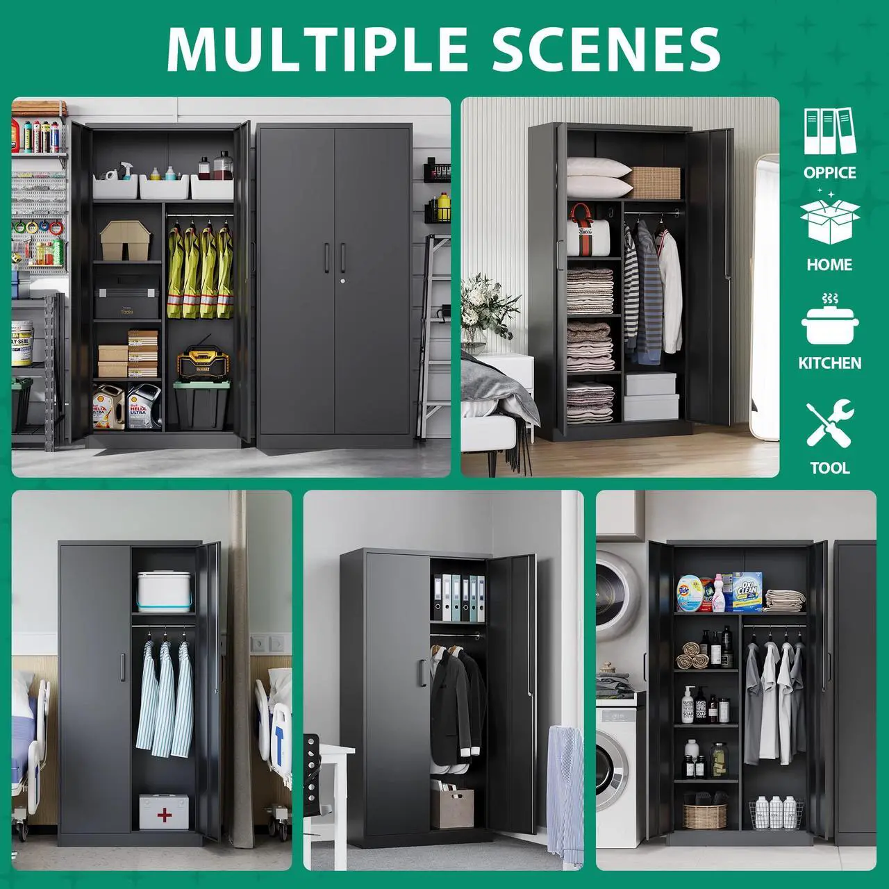 Alt view image 2 of 6 - Metal Armoire Wardrobe Closet Cabinet for Hanging Clothes with Lock Doors - 72" Steel Lockable Wardrobe Storage Locker Clothes Organizer for Bedroom, Laundry Room Black