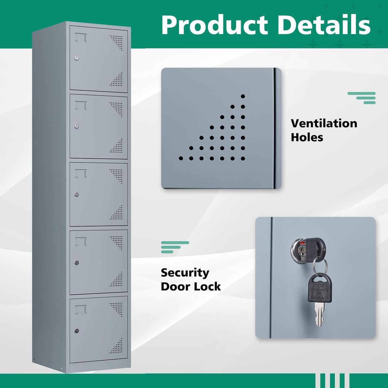 Alt view image 4 of 6 - Metal Lockers for Employees with Lock, Employees Locker Storage Cabinet with 6 Doors, Tall Steel Storage Locker for Gym, School, Office Grey