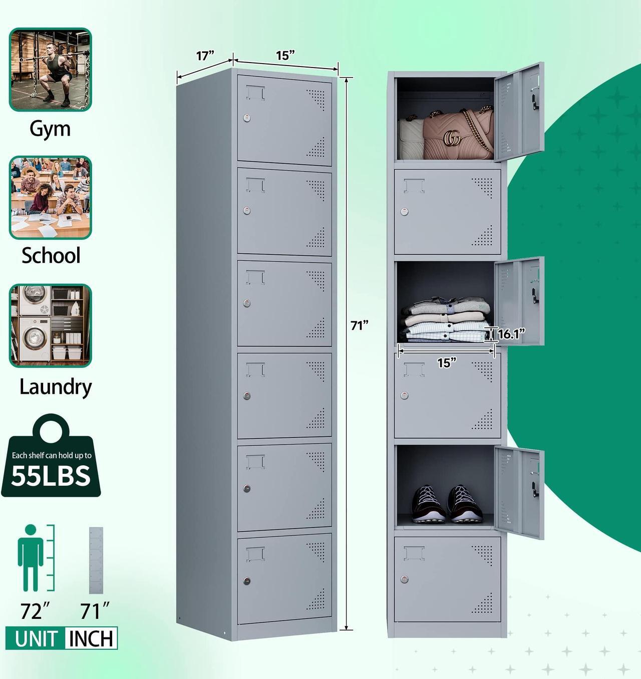Alt view image 5 of 6 - Metal Lockers for Employees with Lock, Employees Locker Storage Cabinet with 6 Doors, Tall Steel Storage Locker for Gym, School, Office Grey
