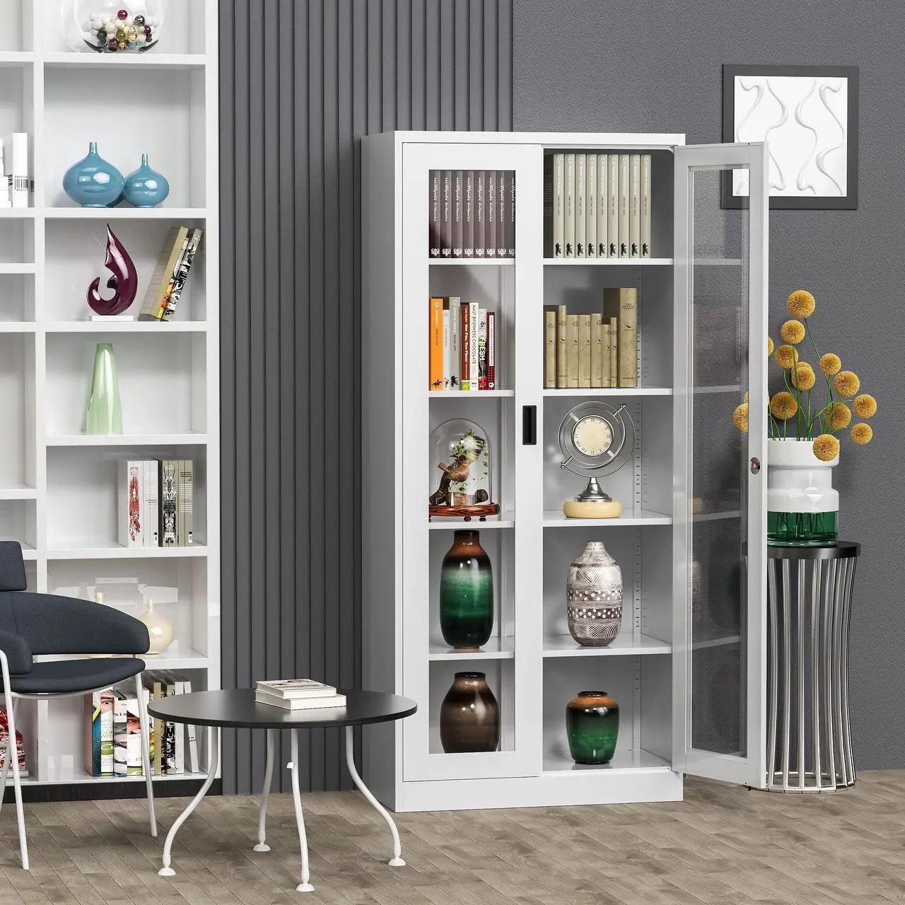 Alt view image 2 of 7 - Curio Cabinet Glass Display Cabinet with Glass Door & 4 Adjustable Shelves White