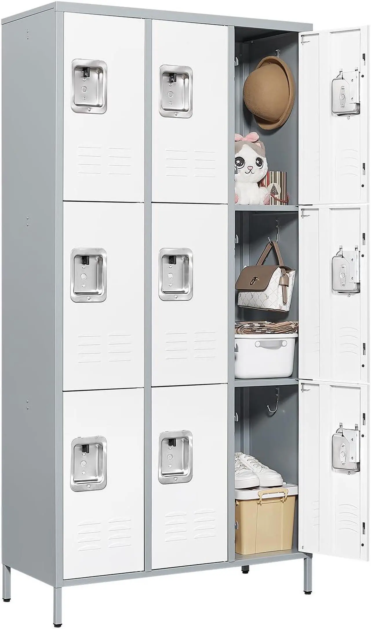 Main image of 3 Tier Metal Lockers 3-Wide, 72" x 36" x 16" Storage Locker Units with 9 Compartments, Large Employee Locker with Shelves, Lockable Doors and Hanging Hooks Grey and White