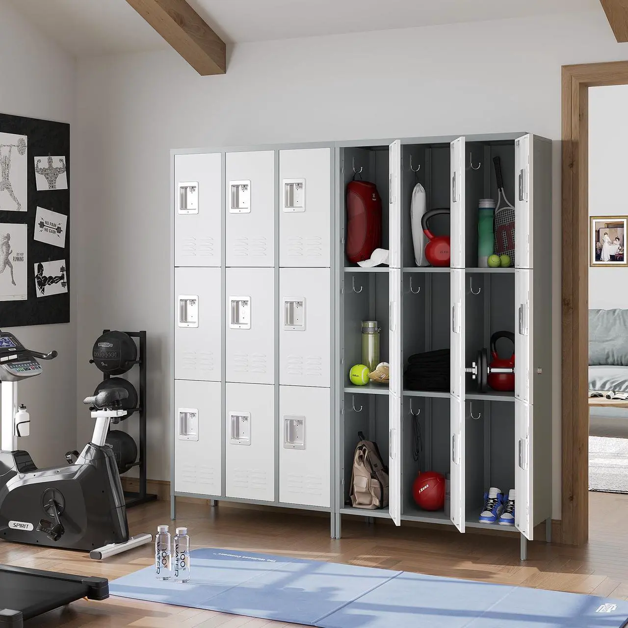 Alt view image 5 of 6 - 3 Tier Metal Lockers 3-Wide, 72" x 36" x 16" Storage Locker Units with 9 Compartments, Large Employee Locker with Shelves, Lockable Doors and Hanging Hooks Grey and White
