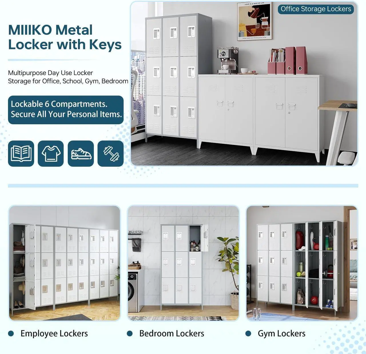 Alt view image 2 of 6 - 3 Tier Metal Lockers 3-Wide, 72" x 36" x 16" Storage Locker Units with 9 Compartments, Large Employee Locker with Shelves, Lockable Doors and Hanging Hooks Grey and White