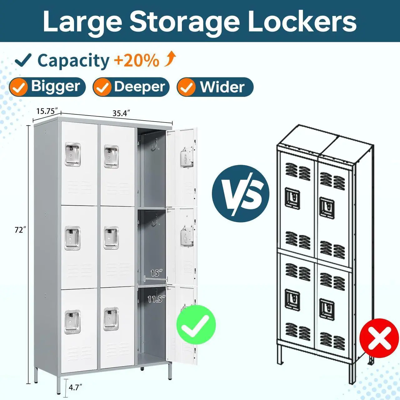 Alt view image 4 of 6 - 3 Tier Metal Lockers 3-Wide, 72" x 36" x 16" Storage Locker Units with 9 Compartments, Large Employee Locker with Shelves, Lockable Doors and Hanging Hooks Grey and White