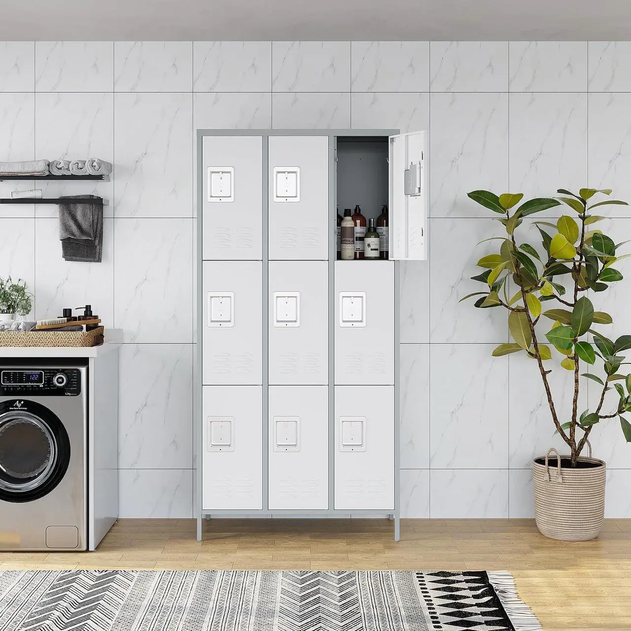 Alt view image 3 of 6 - 3 Tier Metal Lockers 3-Wide, 72" x 36" x 16" Storage Locker Units with 9 Compartments, Large Employee Locker with Shelves, Lockable Doors and Hanging Hooks Grey and White