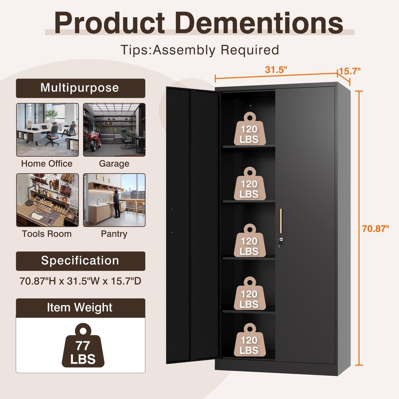 Alt view image 2 of 7 - AFAIF 71" Metal Garage Cabinet: 2 Doors, 4 Adjustable Shelves, Locking Storage. Steel Cabinet for Home, Office, Garage, Shop, or School Use. Black