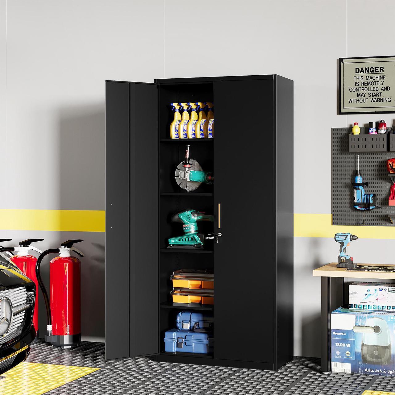 Alt view image 5 of 7 - AFAIF 71" Metal Garage Cabinet: 2 Doors, 4 Adjustable Shelves, Locking Storage. Steel Cabinet for Home, Office, Garage, Shop, or School Use. Black