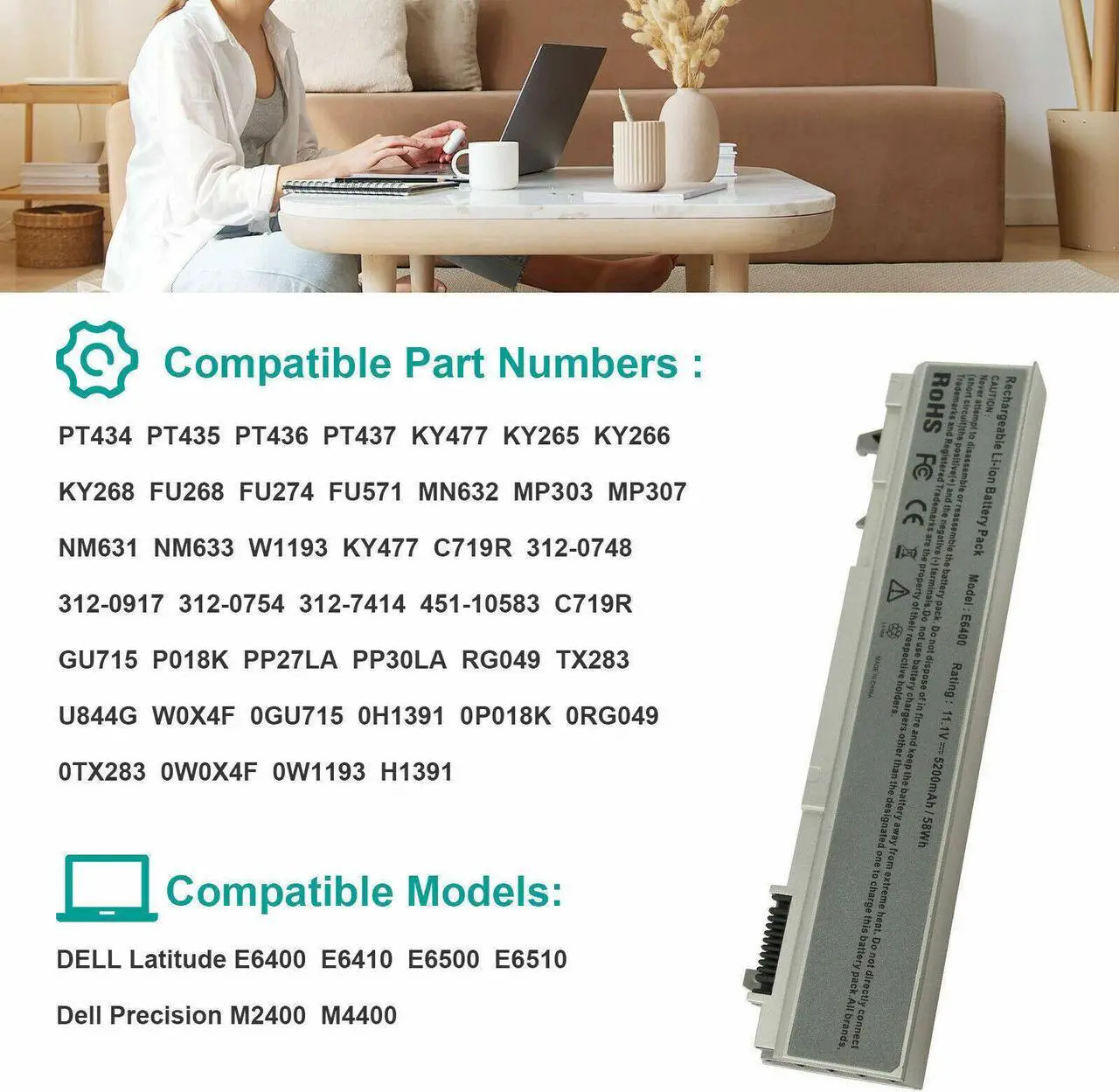 Alt view image 5 of 5 - 11.1V Battery for Dell PT434 PT435 PT436 PT437 KY477 KY265 KY266