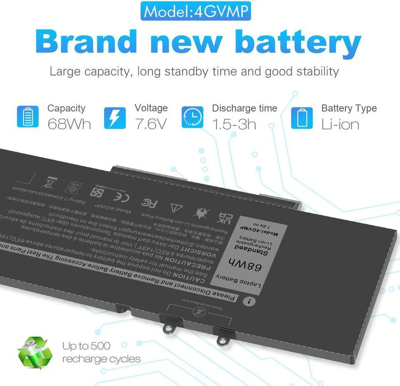 Alt view image 3 of 5 - 68Wh 7.6V Battery for Dell Latitude 5400 5410 5500 5510