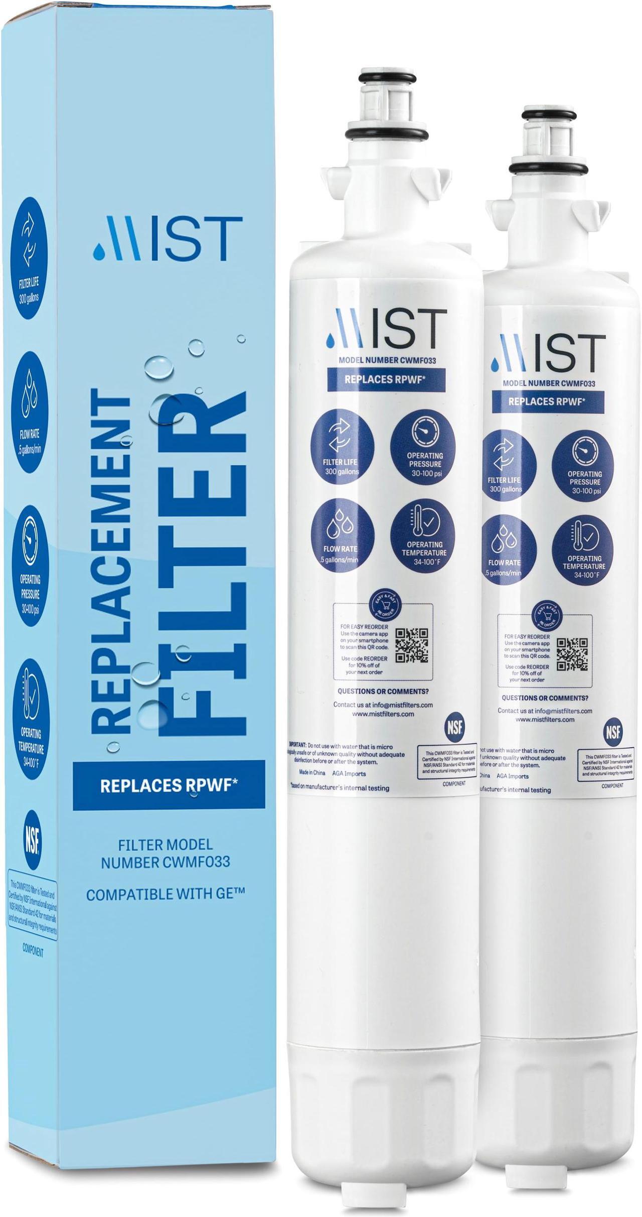 Main image of Mist RPWF Replacement for GE RPWF (Not RPWFE), RWF1063, RWF3600A, WSG-4, DWF-36, R-3600, MPF15350, OPFG3-RF300, BCF77, Refrigerator Water Filter, 2 Pack