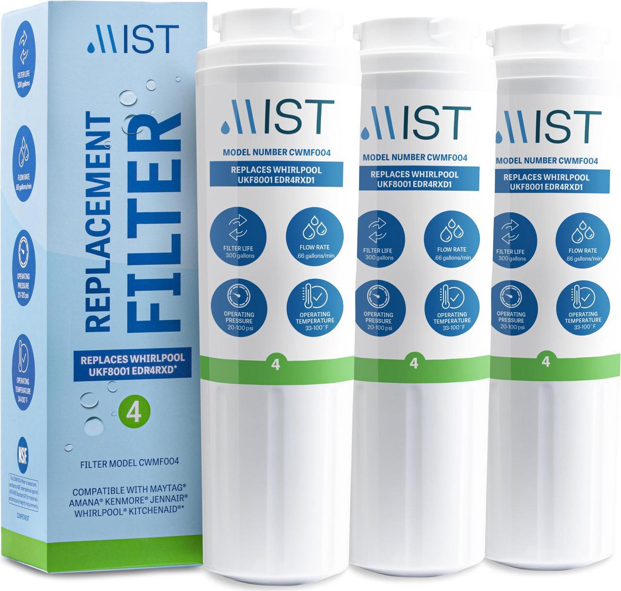 Main image of UKF8001 Filter 4 Replacement for Maytag, Whirlpool Filter 4 Everydrop EDR4RXD1, 4396395, Kenmore 46-9005, RWF0900A Refrigerator Water Filter Pack of 3 -Mist