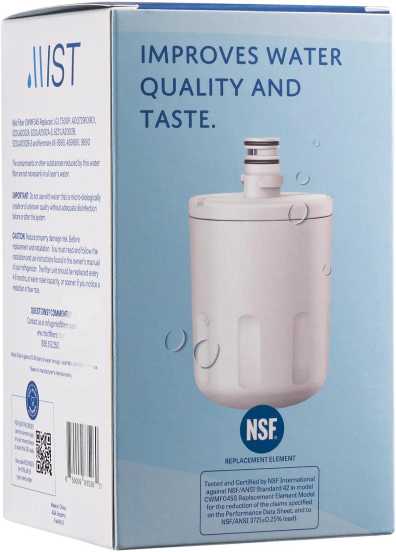 Alt view image 2 of 7 - Mist 5231JA2002A Water Filter Replacement, Compatible LG Models: LT500P, GEN11042FR-08, ADQ72910911, ADQ729109012, Kenmore 9890, 46-9890, LFX25974ST, LMX25964ST, LSC27925ST, 2 Pack