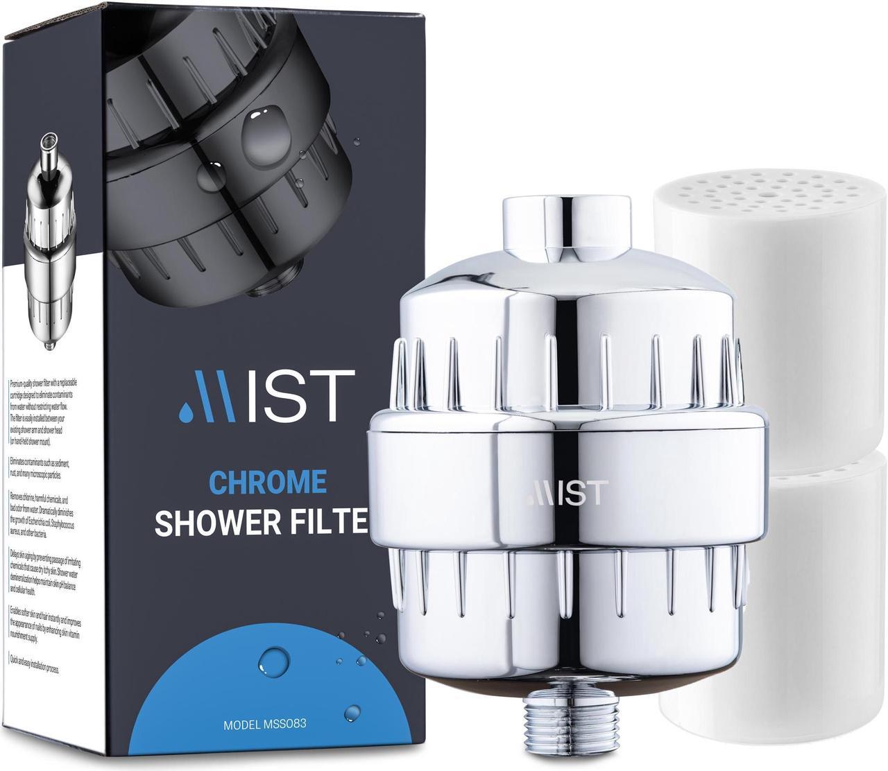 Main image of Mist Water Softening Chrome Shower Filter, 2 Filter Cartridges, 15 Stage Filtration System Removes Chlorine Fluoride, Bad Odor, Reduces Dry Itchy Skin Dandruff Eczema, Improves Skin, Hair and Nails.