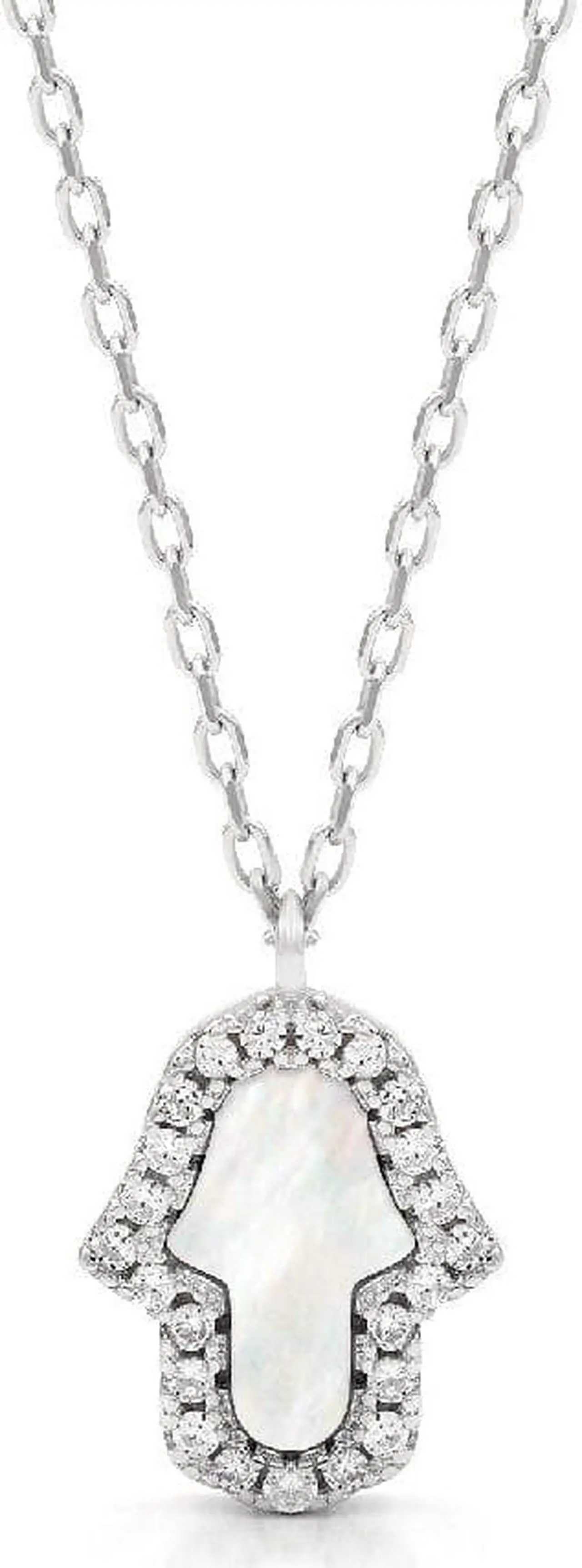 Main image of 925 Sterling Silver Mother of Pearl Hamsa, Hand of God Micro Pave Minimalist Necklace, Giorgio Bergamo