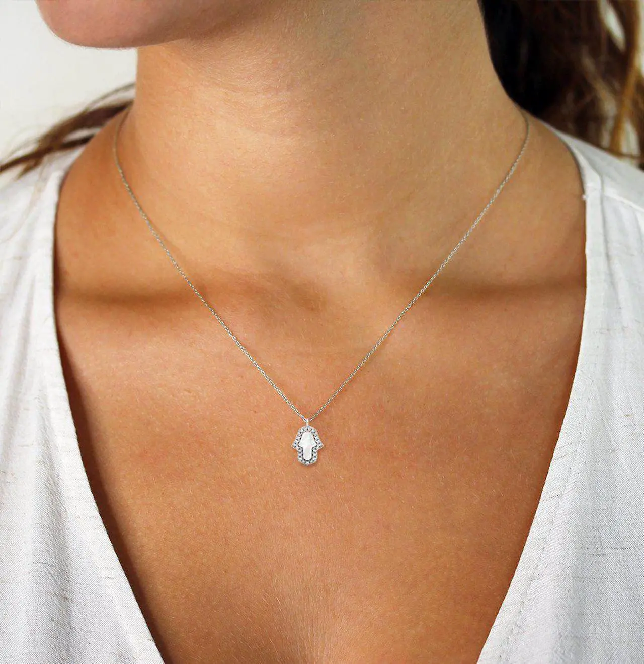 Alt view image 2 of 5 - 925 Sterling Silver Mother of Pearl Hamsa, Hand of God Micro Pave Minimalist Necklace, Giorgio Bergamo