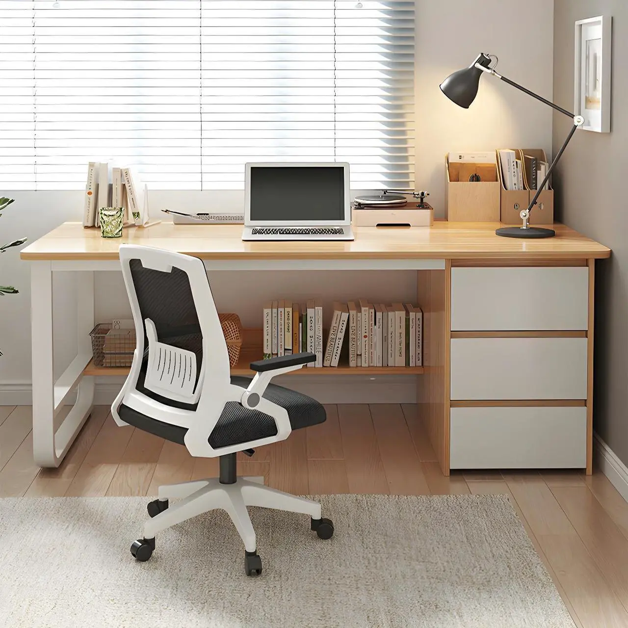 Main image of Baycheer Wood Desk with 3 Drawers and Storage Shelf, Home Office Writing Desk, Modern Executive Desk, Laptop PC Gaming Desk, Computer Workstation for Bedroom, Study Room, Office 47"