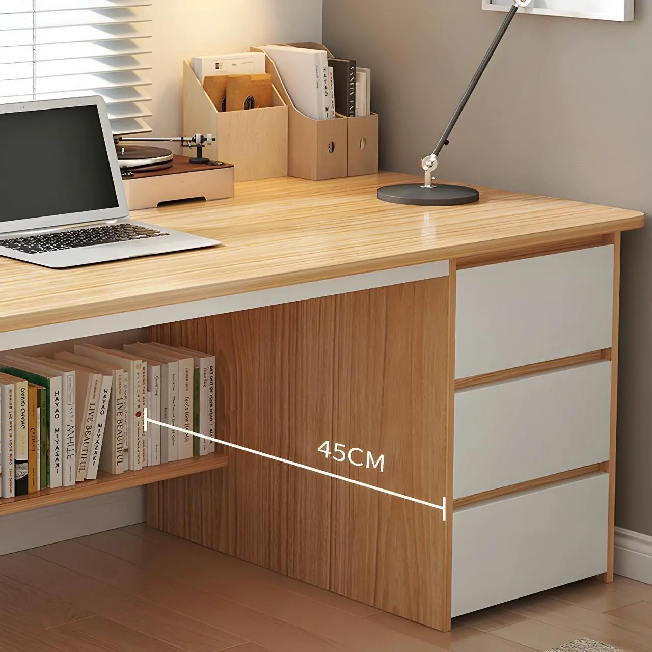Alt view image 4 of 7 - Baycheer Wood Desk with 3 Drawers and Storage Shelf, Home Office Writing Desk, Modern Executive Desk, Laptop PC Gaming Desk, Computer Workstation for Bedroom, Study Room, Office 47"