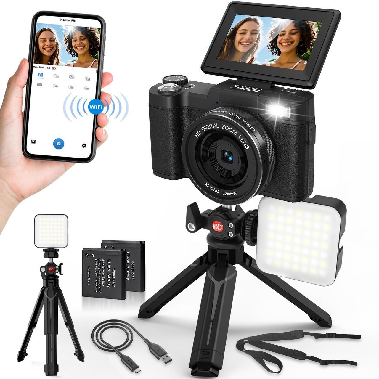 Main image of 5K Digital Camera for Photography with WiFi 64MP Vlogging Camera with Flip Screen Compact Digital Cameras with Batteries, Selfie Light, Desktop Tripod
