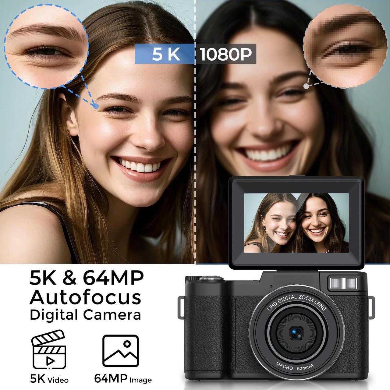 Alt view image 2 of 7 - 5K Digital Camera for Photography with WiFi 64MP Vlogging Camera with Flip Screen Compact Digital Cameras with Batteries, Selfie Light, Desktop Tripod