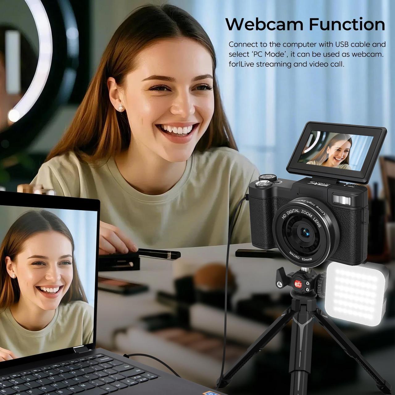 Alt view image 4 of 7 - 5K Digital Camera for Photography with WiFi 64MP Vlogging Camera with Flip Screen Compact Digital Cameras with Batteries, Selfie Light, Desktop Tripod