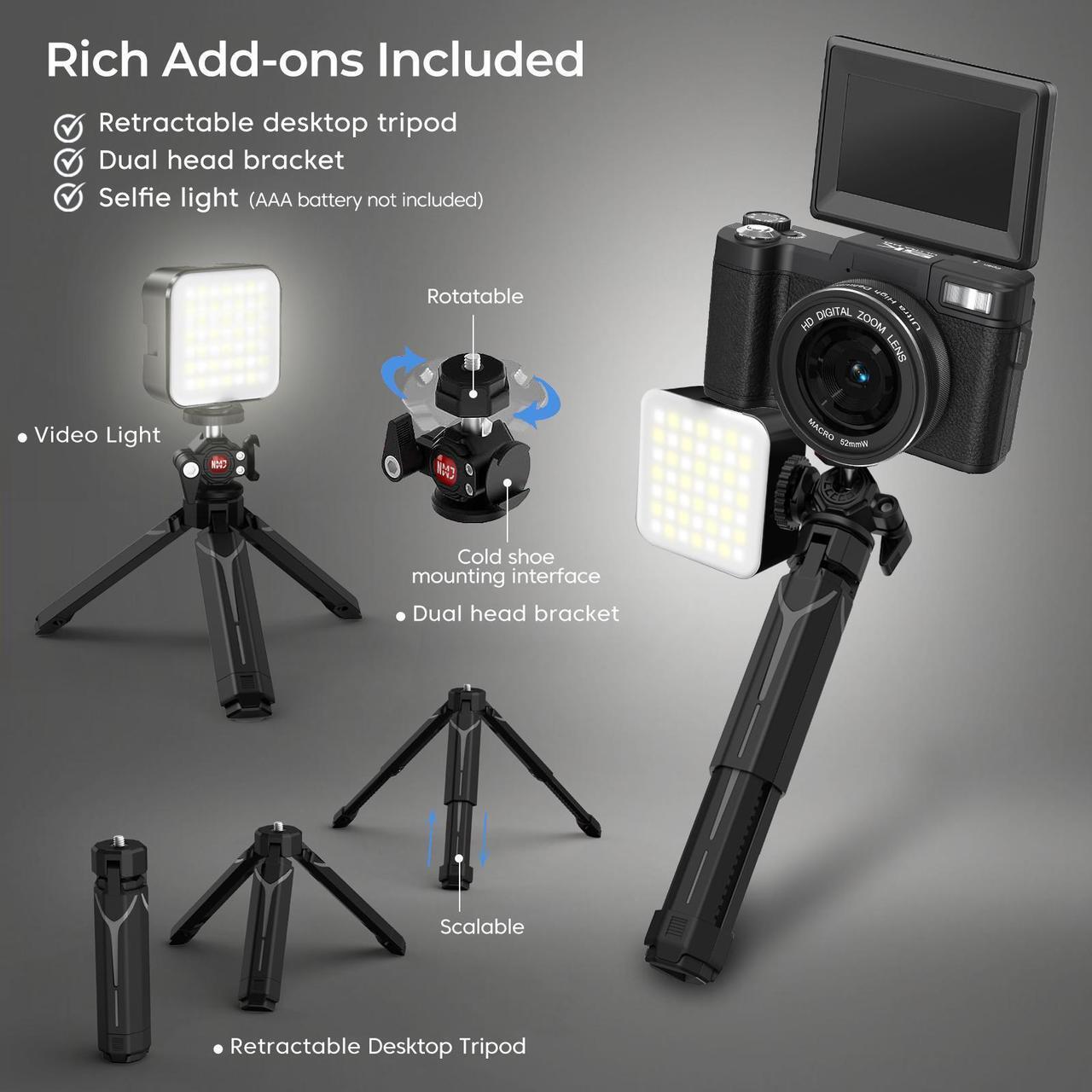 Alt view image 5 of 7 - 5K Digital Camera for Photography with WiFi 64MP Vlogging Camera with Flip Screen Compact Digital Cameras with Batteries, Selfie Light, Desktop Tripod