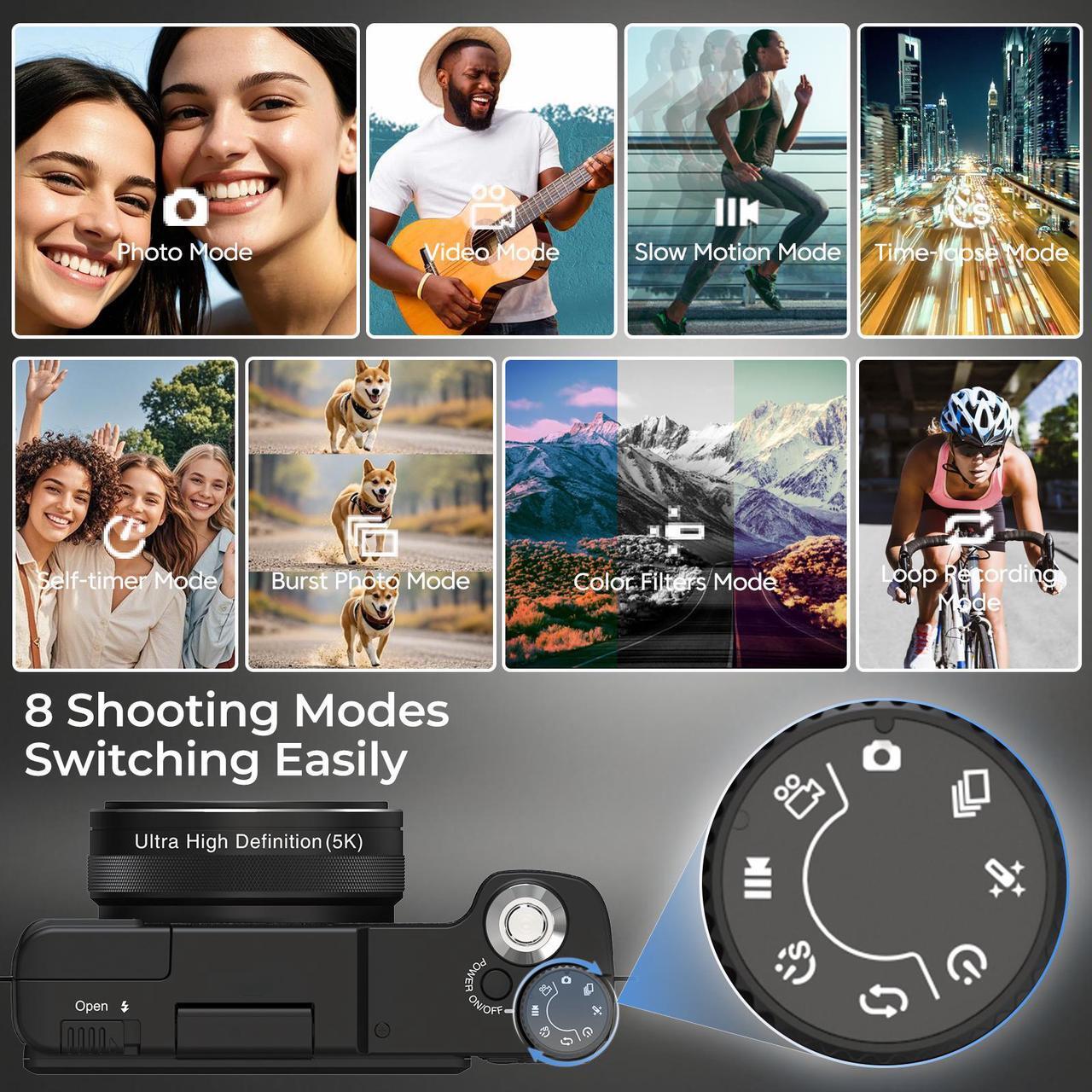 Alt view image 6 of 7 - 5K Digital Camera for Photography with WiFi 64MP Vlogging Camera with Flip Screen Compact Digital Cameras with Batteries, Selfie Light, Desktop Tripod