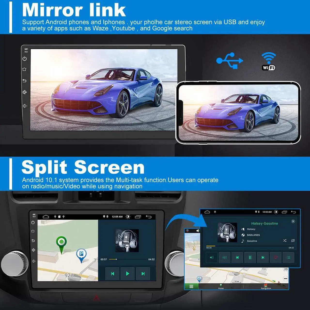 Alt view image 4 of 7 - Android 12 for Stereo Radio Compatible for Toyota Highlander 2009-2013,10 inch Head Unit with Wireless CarPlay Wired Android Auto Bluetooth WiFi