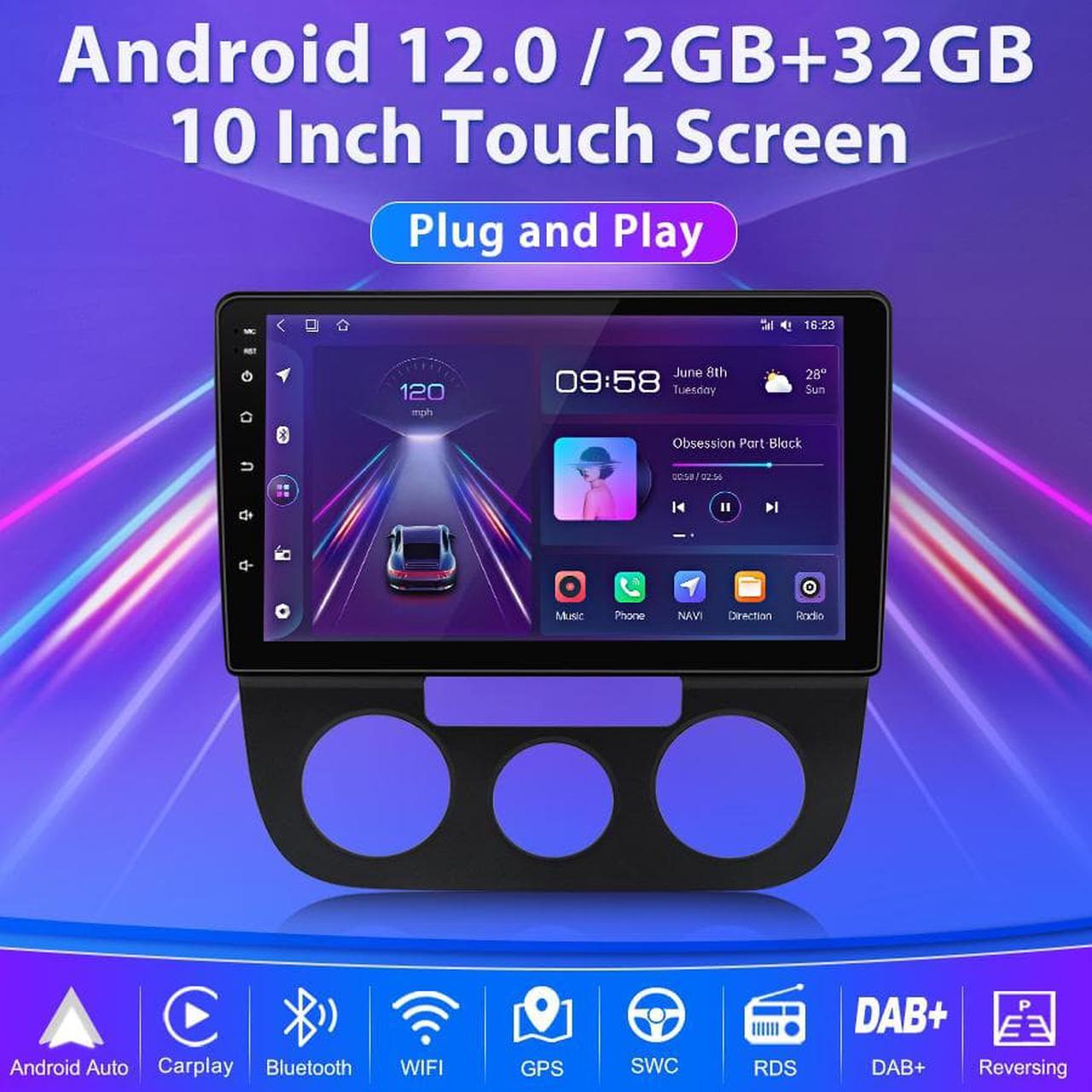Alt view image 2 of 6 - Android 12.0 [2GB+32GB] Car Radio Compatible For Jetta 5 2005-2010, 10 Inch Touch Screen with GPS/FM/WiFi/USB, Support SWC, Wireless Carplay/Wired Android Auto