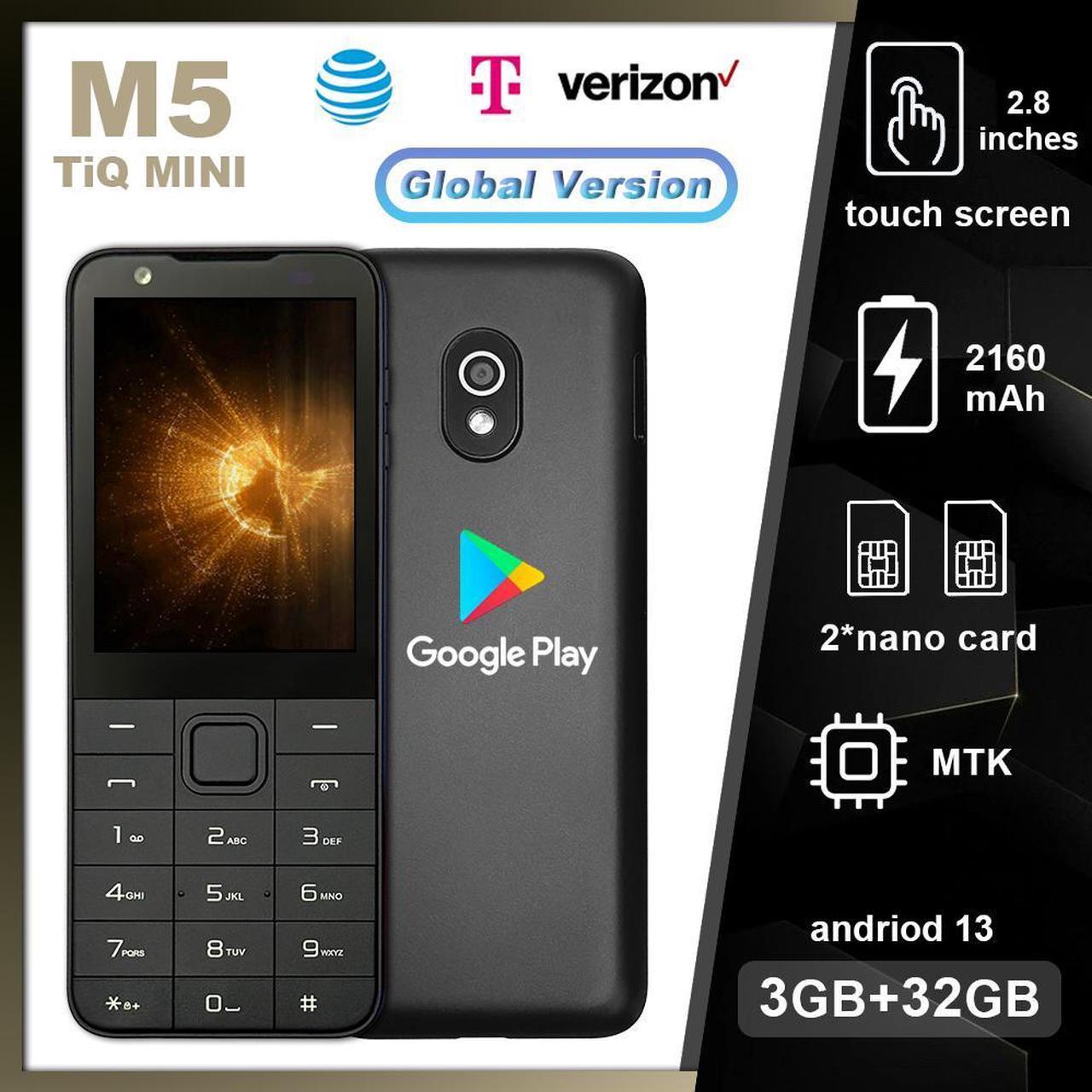 TIQ MINI M5 smart touch button mobile phone, Android 13 system, 3GB+32GB, 2.8-inch screen, dual SIM, available with Google Store, Verizon, T-Mobile, AT&T