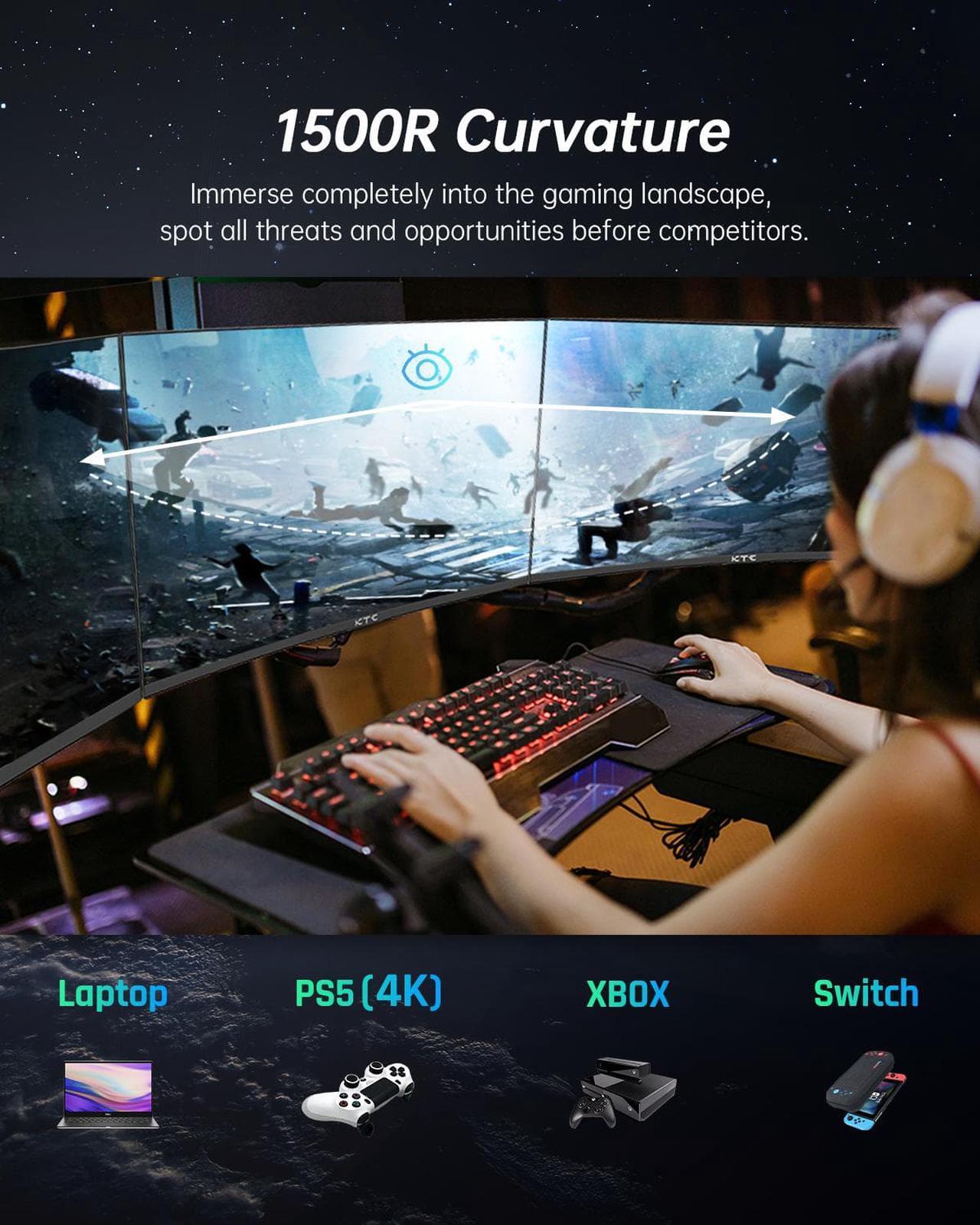 Alt view image 6 of 6 - KTC 32 inch Curved Gaming Monitor, 2K 165Hz Ultrawide Monitor, 1440P 144Hz Monitor, 1500R Frameless, 1ms, HDR, FreeSync Premium, DisplayPort/HDMI/USB, VESA Wall Mount, Desktop PC Monitor, H32S17