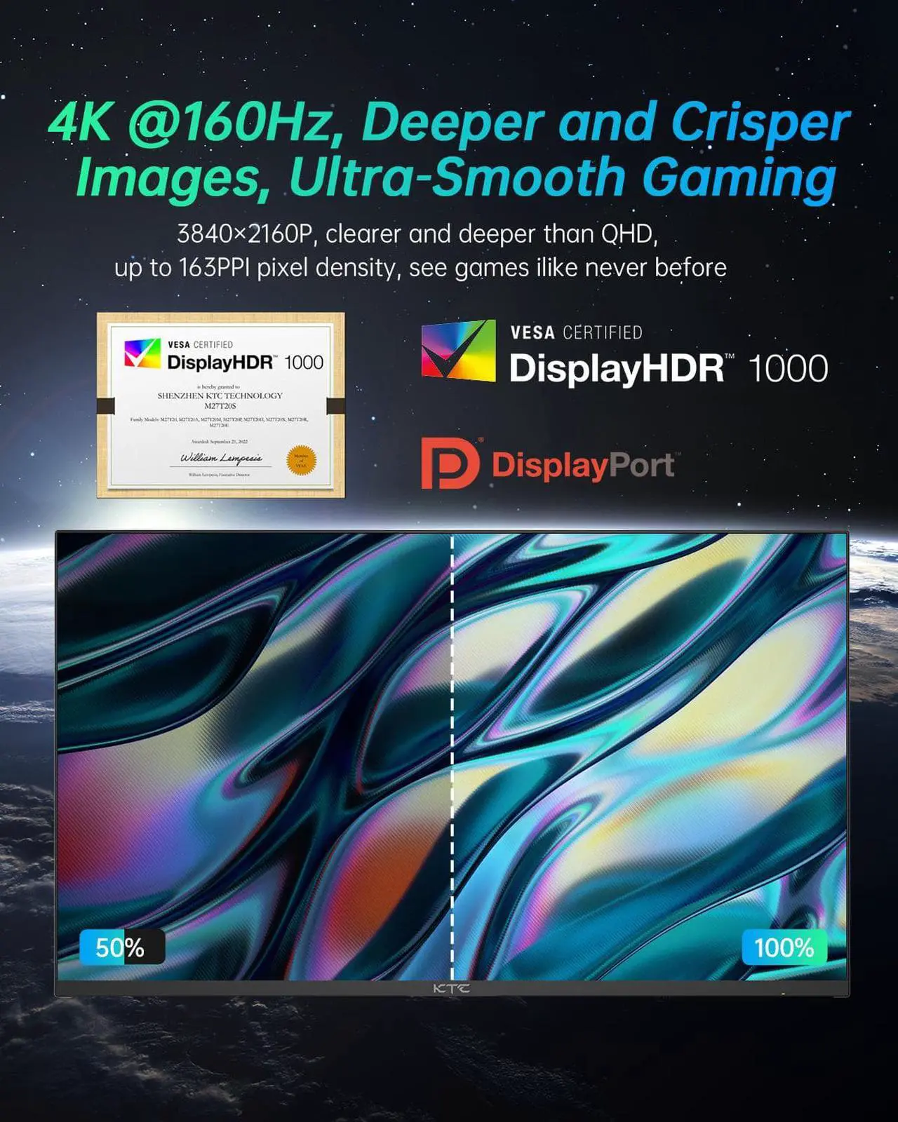 Alt view image 5 of 6 - KTC 27 Inch 4K Gaming Monitor, Mini LED Monitor, Fast IPS, HDR1000, Built-in Speakers, HDMI2.1, DP1.4, Type-C 90W, KVM, 160Hz/144Hz Computer Monitor, Vese Wall Mount, Vertical PC Monitor, M27P20P