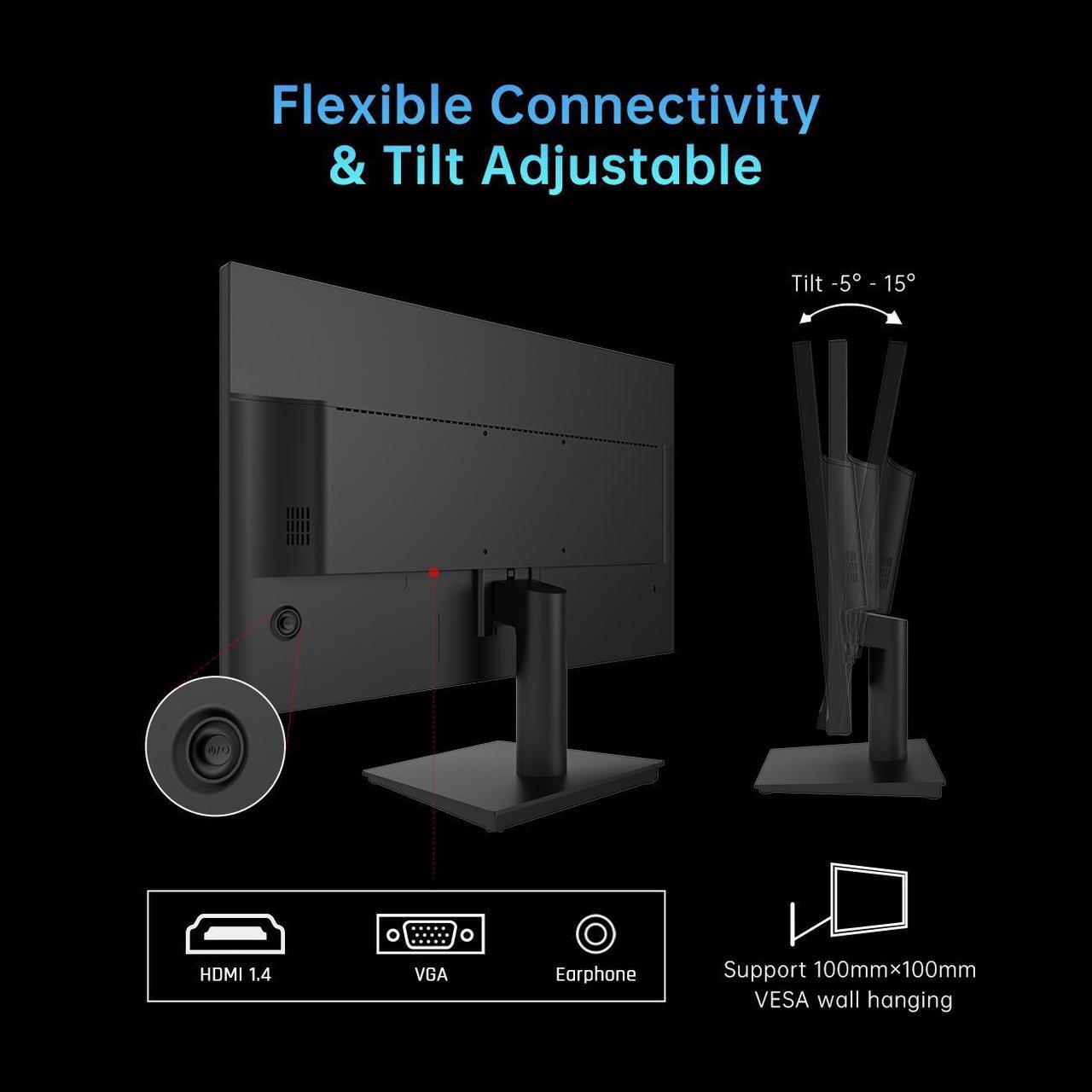 Alt view image 5 of 6 - KTC 24 Inch 1080P Full HD Computer Monitor, 100Hz Gaming Office Monitor with HDR10, Freesync, HDMI & VGA Ports, VESA Wall Mountable,Tilt Adjustable,Eye Care,Frameless Ergonomic Design, H24V27