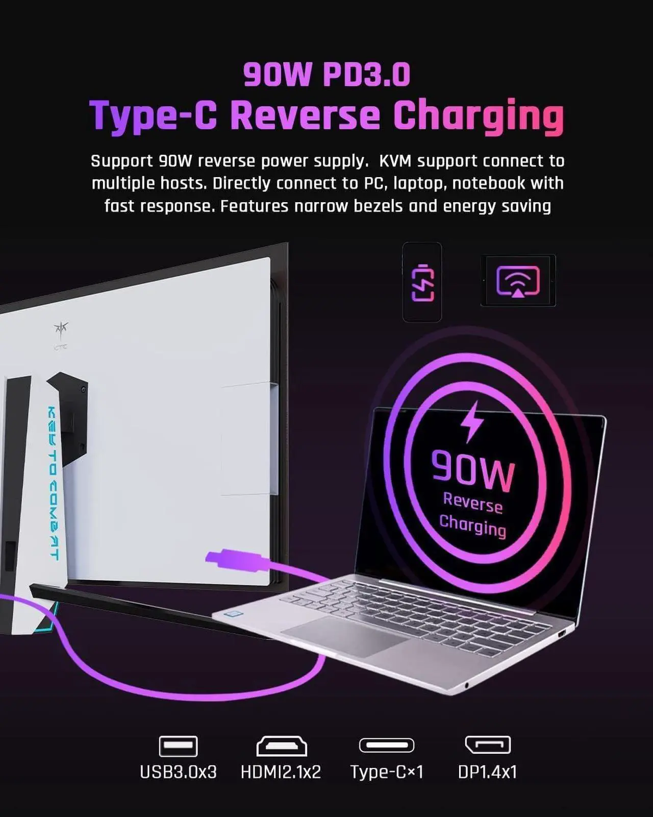 Alt view image 5 of 7 - KTC 42 Inch 4K OLED Gaming Monitor, 3840x2160 UHD White Monitor, 138Hz, 0.1ms(GTG), DP1.4, HDMI2.1, USB3.0, 90W USB Type-C Reverse Charging, 2 * 8W Built-in Speakers, HDR, VESA, G42P5